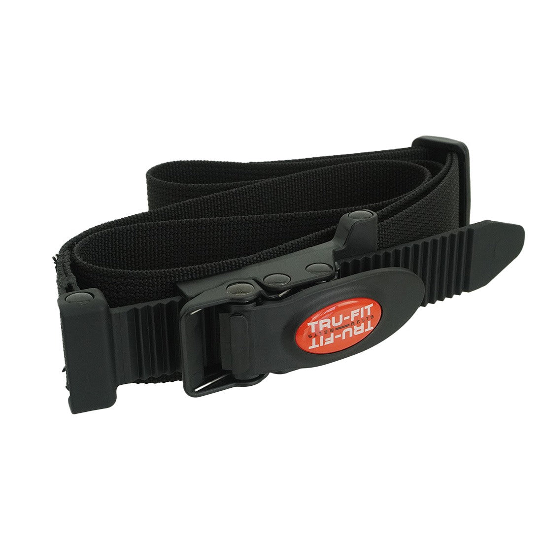 Top angled view of Tru-Fit belt closed and buckled with strap bunched up.