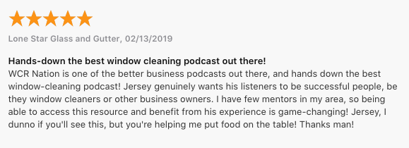 Screenshot of a 5 star review from Lone Star Glass and Gutter for the WCR Nation Podcast.