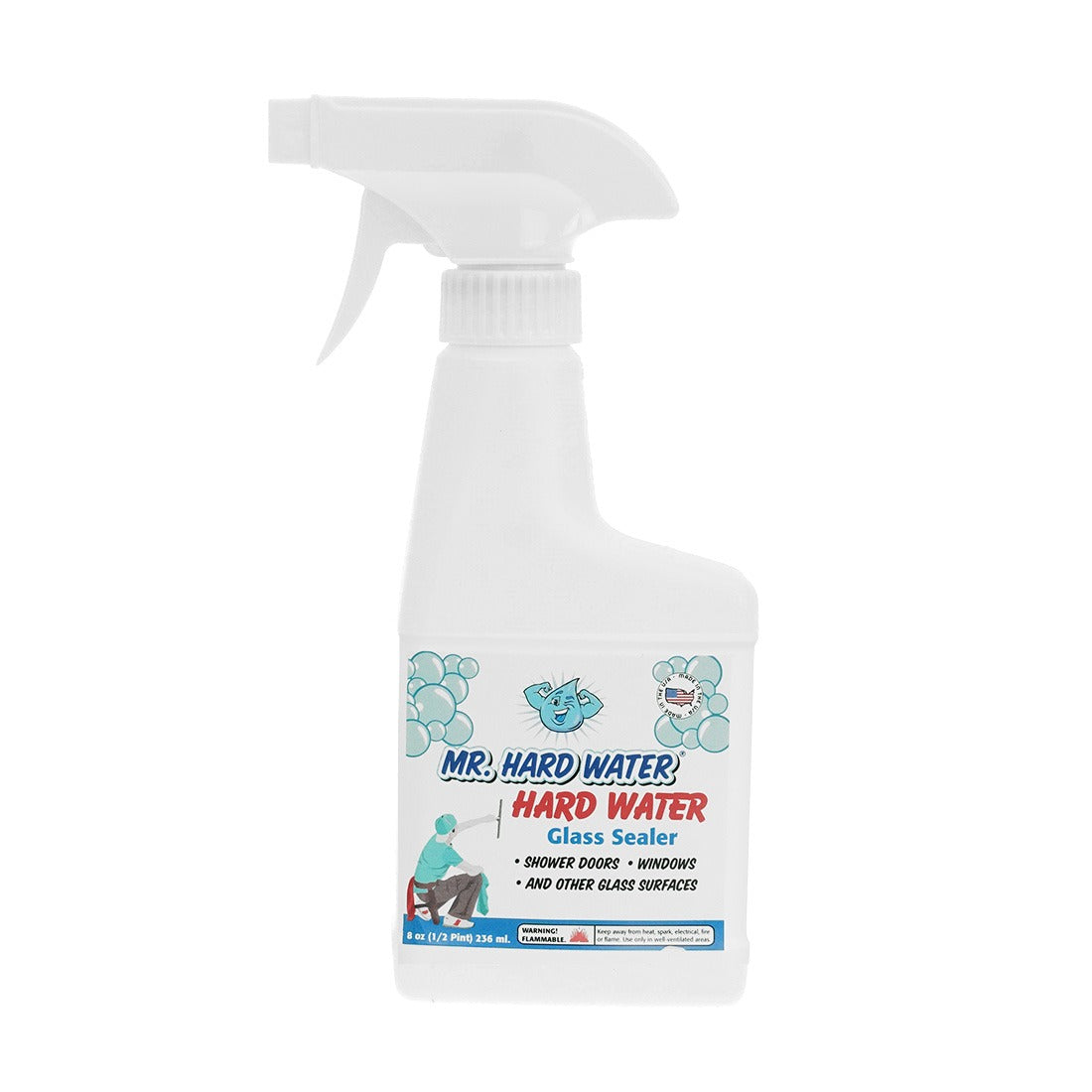 Spray bottle of Mr. Hard Water glass sealer for shower doors windows and other glass surfaces.