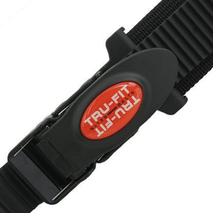 Angled view of Tru-Fit buckle with logo in focus