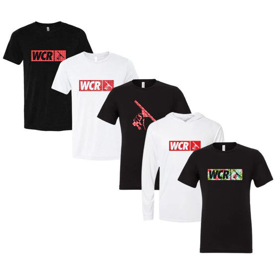 Collection of New Swag t-shirts with WCR logo on a white background