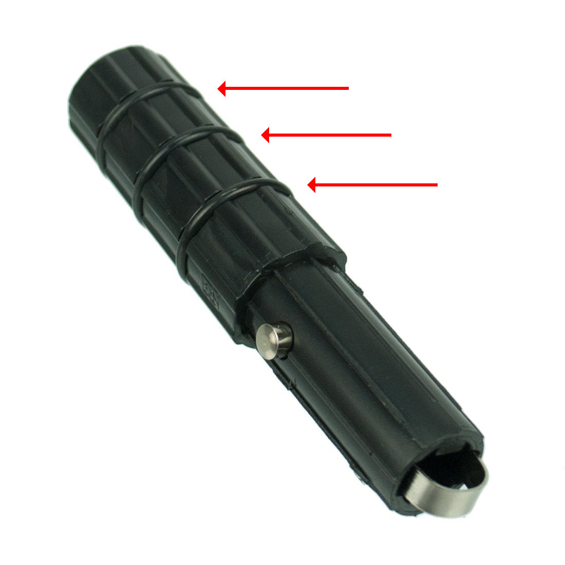 Pole tip with three O-rings, highlighted by red arrows indicating their placement on the tip