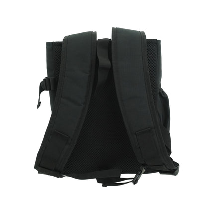 Back view of black battery backpack with padded shoulder straps and mesh padding.