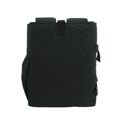 Front view of black battery backpack used with solar panel cleaning system.