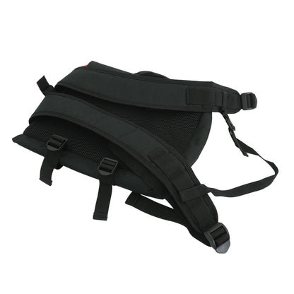 Black battery backpack laying flat with padded straps and mesh backing visible.