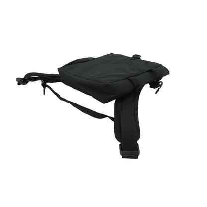 Side view of black battery backpack laying flat with straps extended.