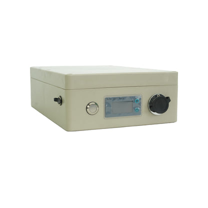 Beige battery control unit with screen buttons and power ports for solar panel cleaning system.