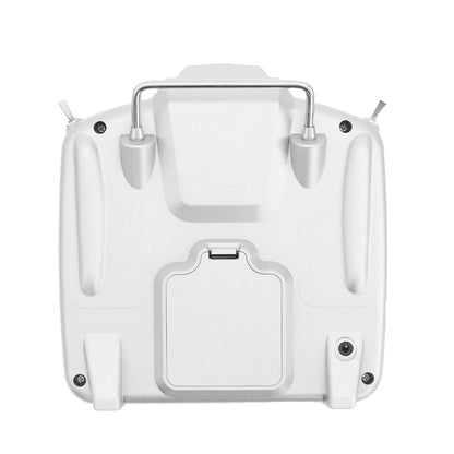 Back view of Microzone MC7 remote control showing battery compartment and metal handle.