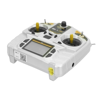 Angled view of Microzone MC7 remote control with joysticks buttons and screen for operating solar panel cleaning robot.