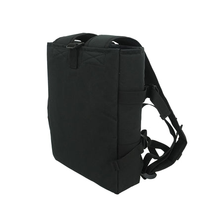 Black battery backpack with padded straps for solar panel cleaning system.