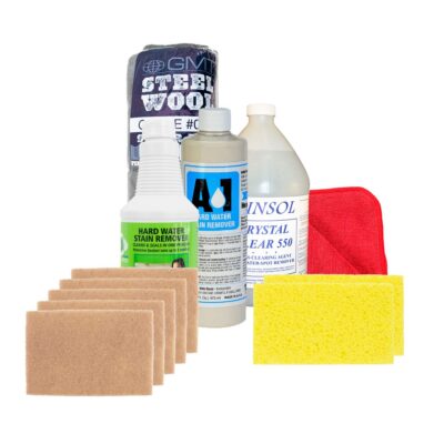 Stain removal kit with Steel wool, walnut abrasion pads, sponge, microfiber cloth, Titan A-1 Hard Water Stain Remover, Bio-Clean Hard Water Stain Remover and Winsol Crystal Clear 550 Glass Restorer.