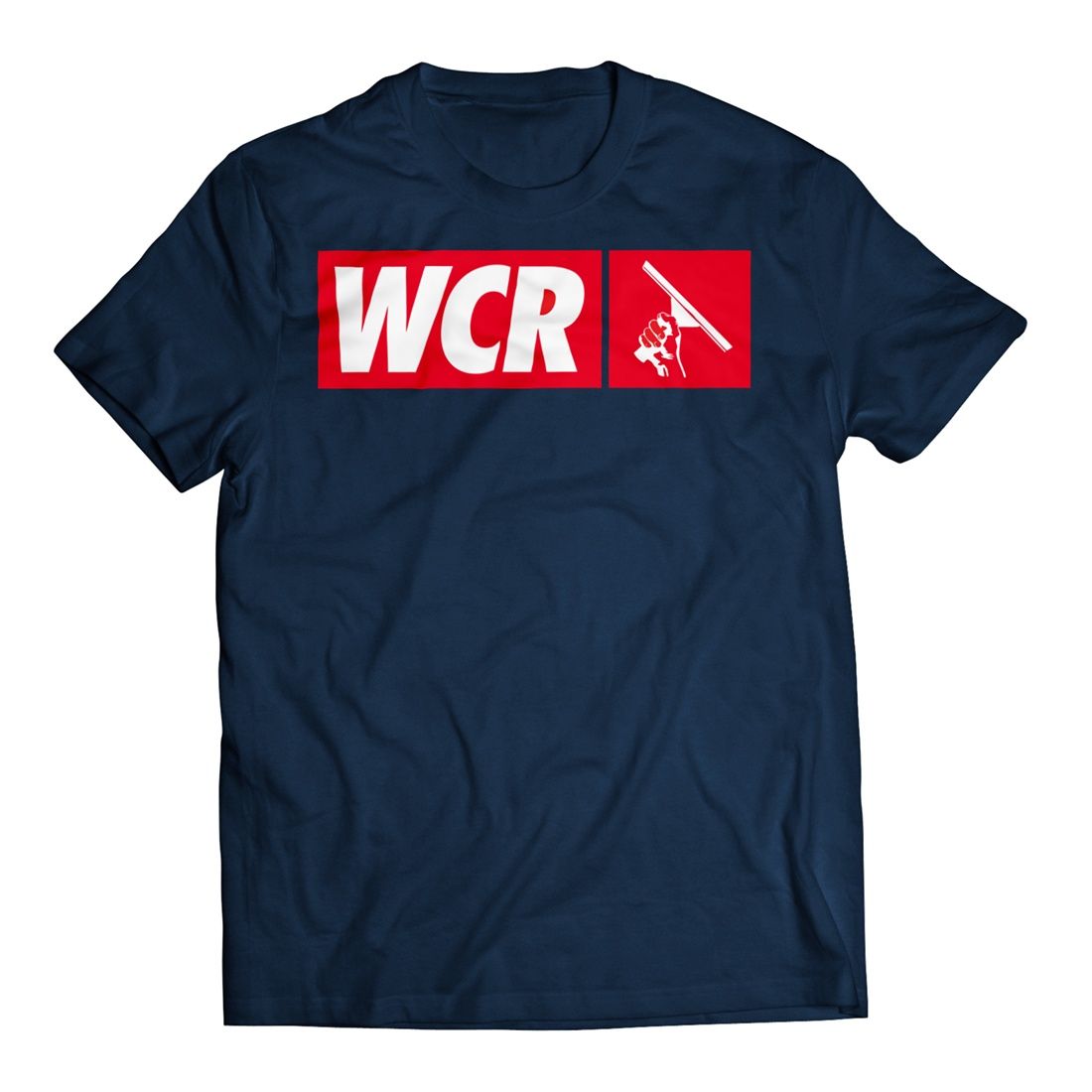 WCR logo printed on navy blue t shirt.
