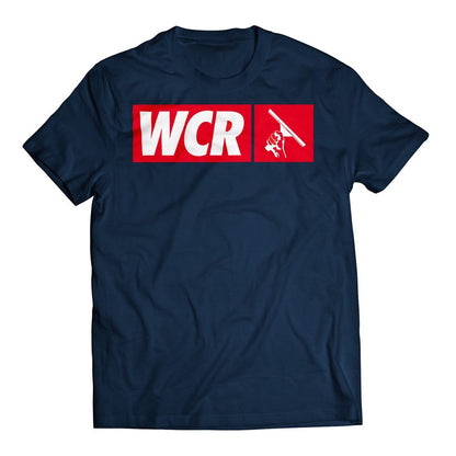 WCR logo printed on navy blue t shirt.