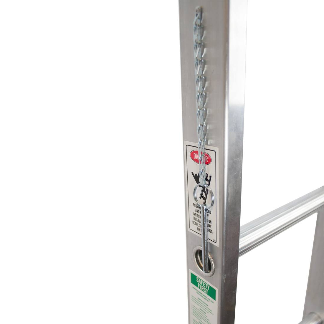 Metallic Ladder Aluminum Bottom Section - 6 Foot - Decal and Ladder Pin View