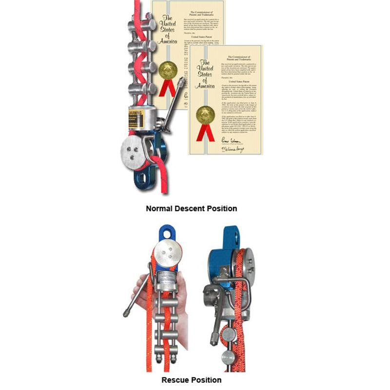 MIO Rack Descender with Overspeed Control Mechanism - Normal Descent Postion (Top) Rescue Position (Bottom) View