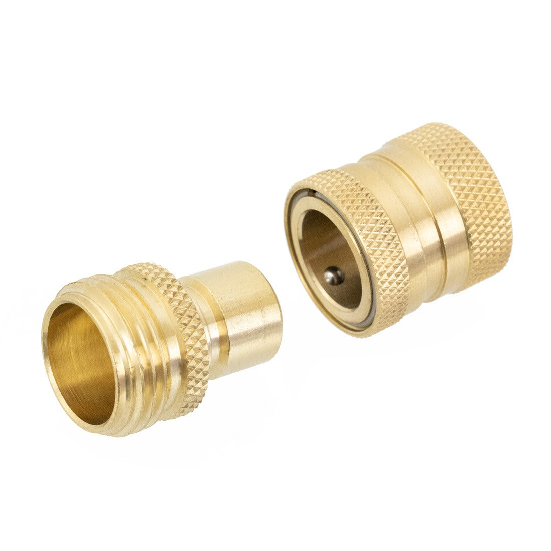 Garden Hose Quick Connect Male and Female Set - Brass - Disassembled Female (Right) Male (Left) View