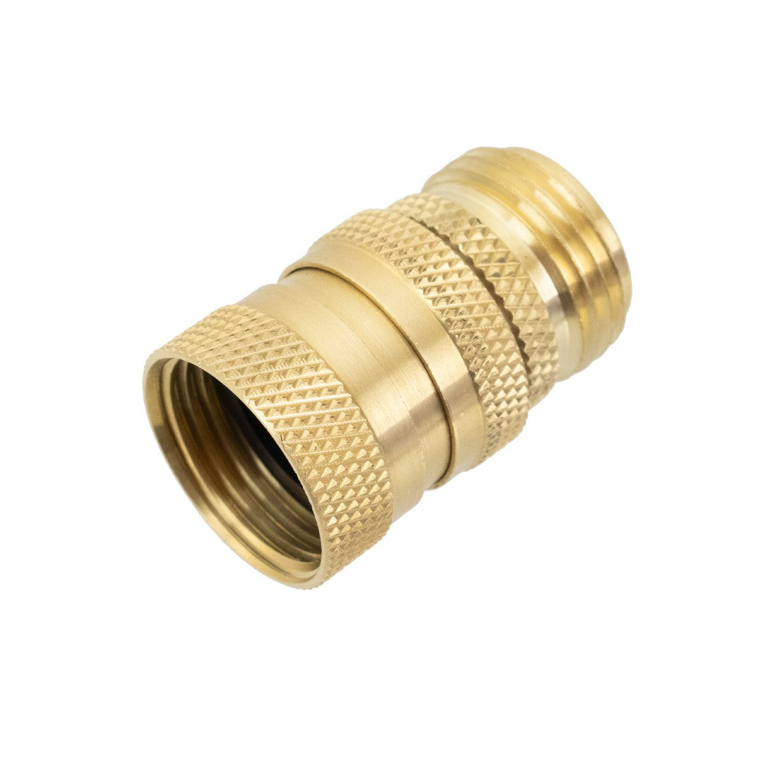 Garden Hose Quick Connect Male and Female Set - Brass - Assembled Tilted Right Top Angle View