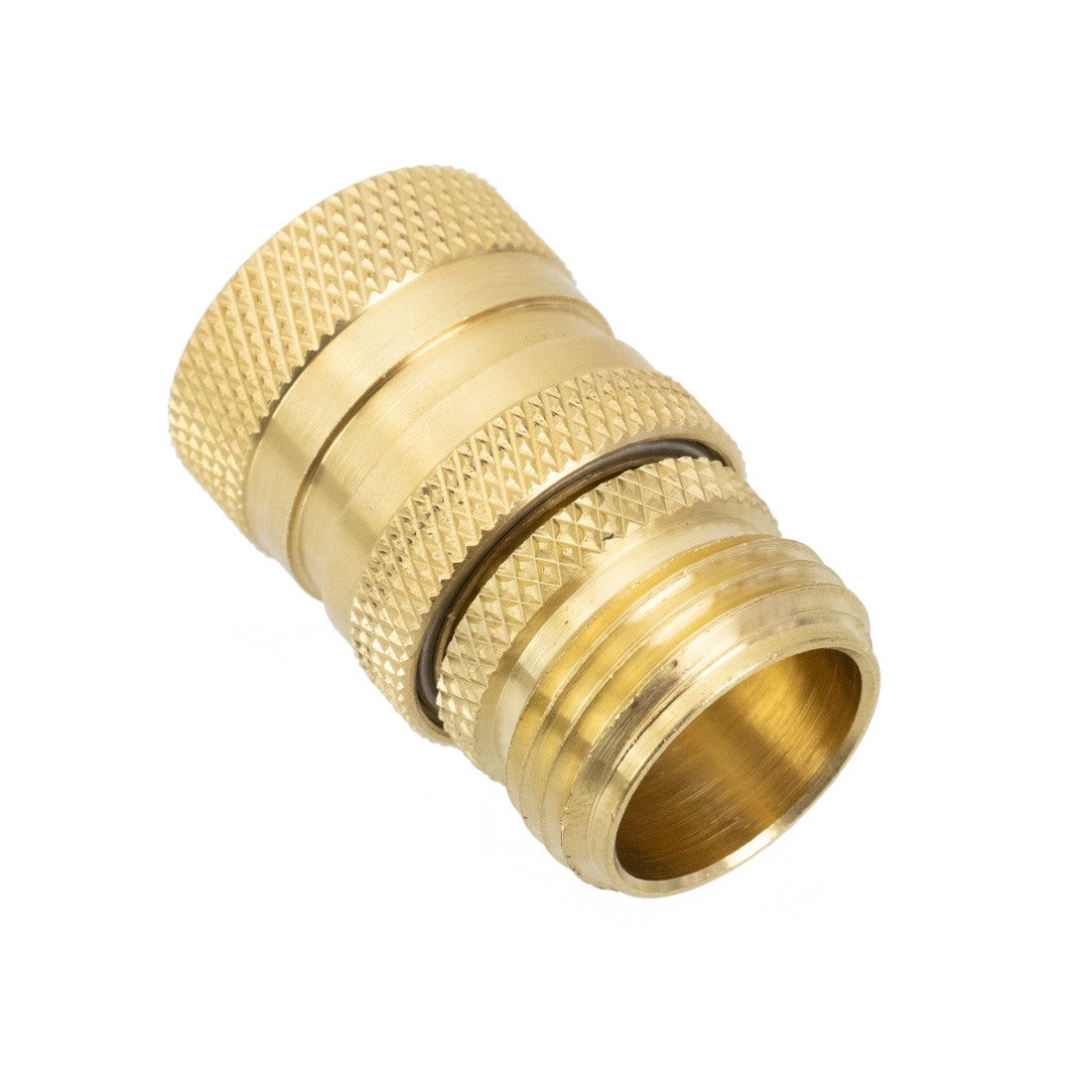 Garden Hose Quick Connect Male and Female Set - Brass - Assembled Tilted Left Bottom Angle View
