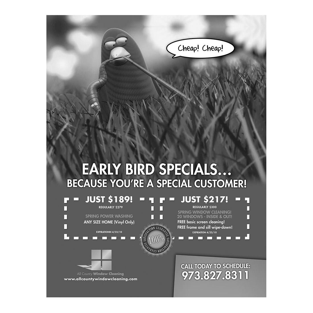 Early Bird Specials Design Suite - Black and White Flyer - Front View