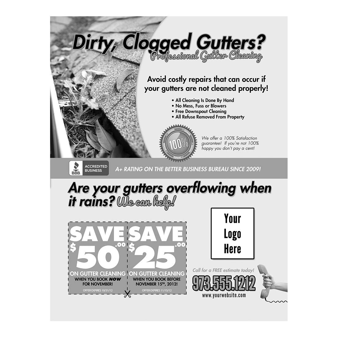 Dirty Clogged Gutters Black And White Flier