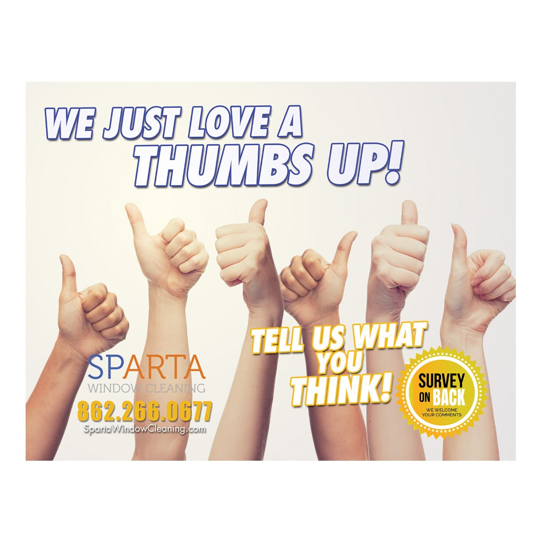 We Love A Thumbs Up Large Survey Postcard Front Design