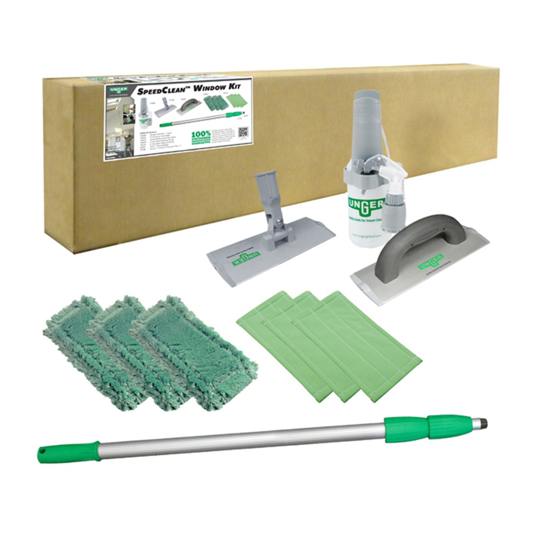 Unger SpeedClean Window Kit - Sprayer on a Belt, Pad Holder, Washing Pads, Cleaning Pads, 3-Section Pole - Box Top Kit View