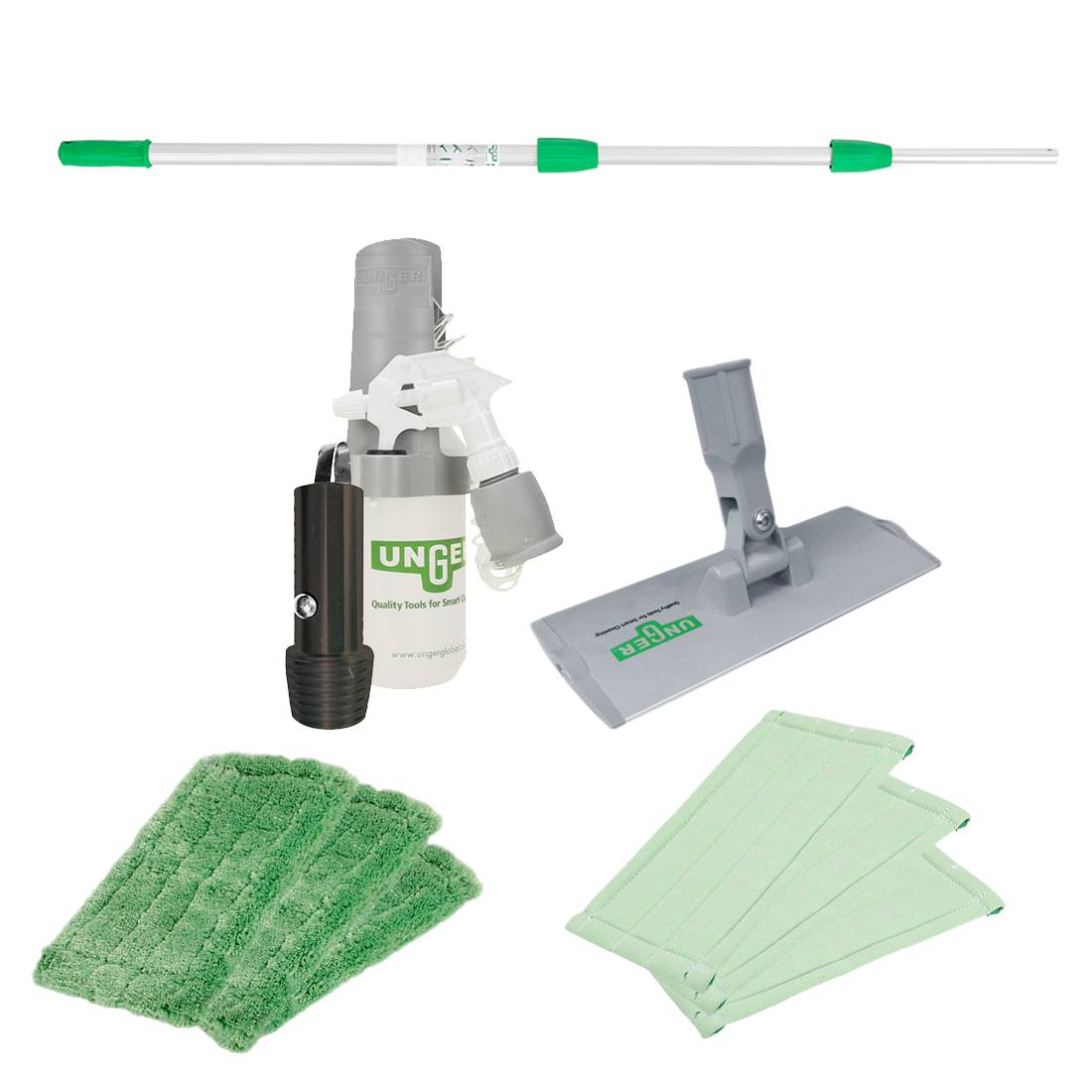 Unger SpeedClean Window Kit - Sprayer on a Belt, Pad Holder, Washing Pads, Cleaning Pads, 3-Section Pole - Square Kit View