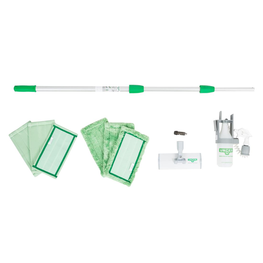Unger SpeedClean Window Kit - Sprayer on a Belt, Pad Holder, Washing Pads, Cleaning Pads, 3-Section Pole - Horizontal Kit View