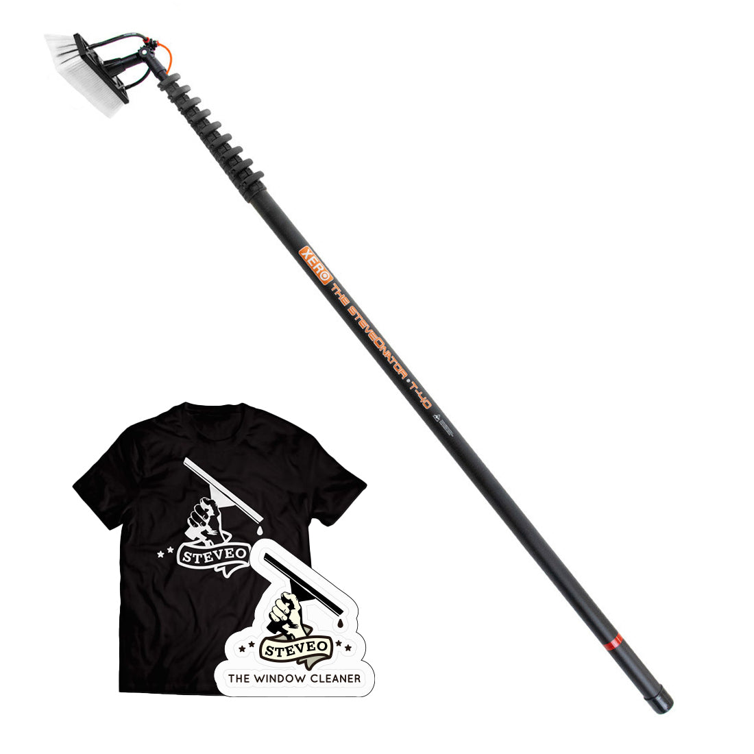 XERO SteveOnator Pole 40ft Tilted Left Side View With Steveo Shirt and Sticker Front View